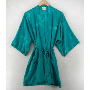 LONGEVITY Robe OS Pure Silk Jacquard Satin Kimono Wrap Tie Belted Lounge Teal